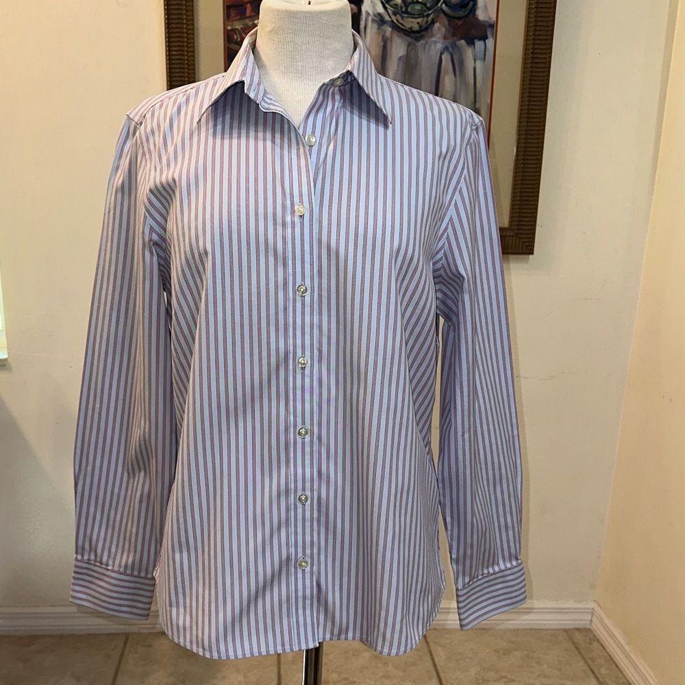 Lands End No Iron Pinpoint Oxford Striped Button-Down Shirt Size 12